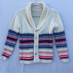 Vintage Cream Fair Isle Shawl Collar Cardigan | 70s–80s Cozy Knit